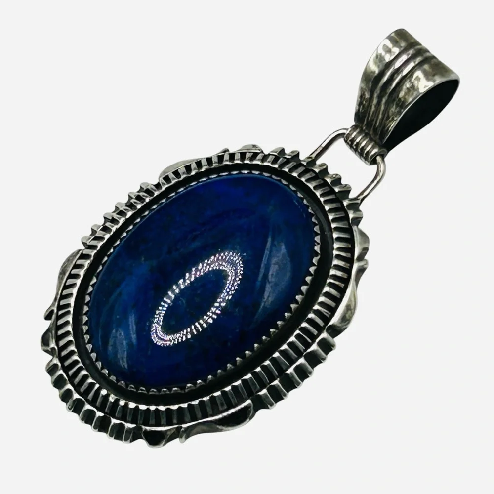 Signed Begay Large Sterling Lapis Native American Pendant - Picture 3 of 6